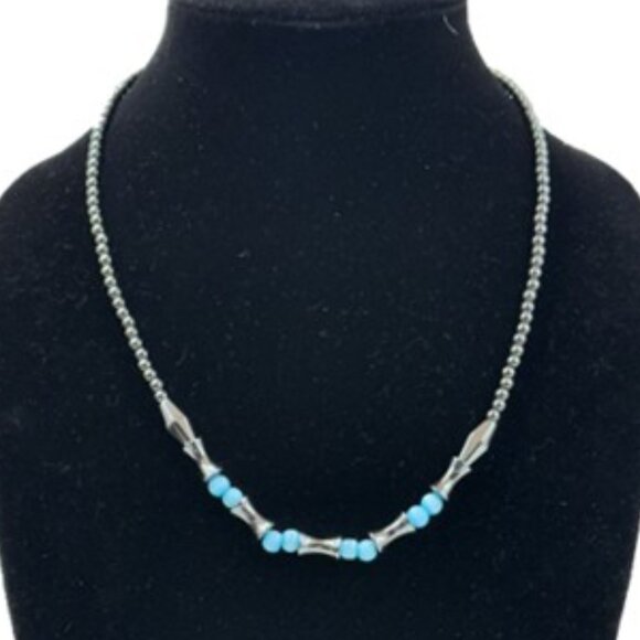 Jewelry - Hematite and Blue Cats Eye Glass Beaded Necklace